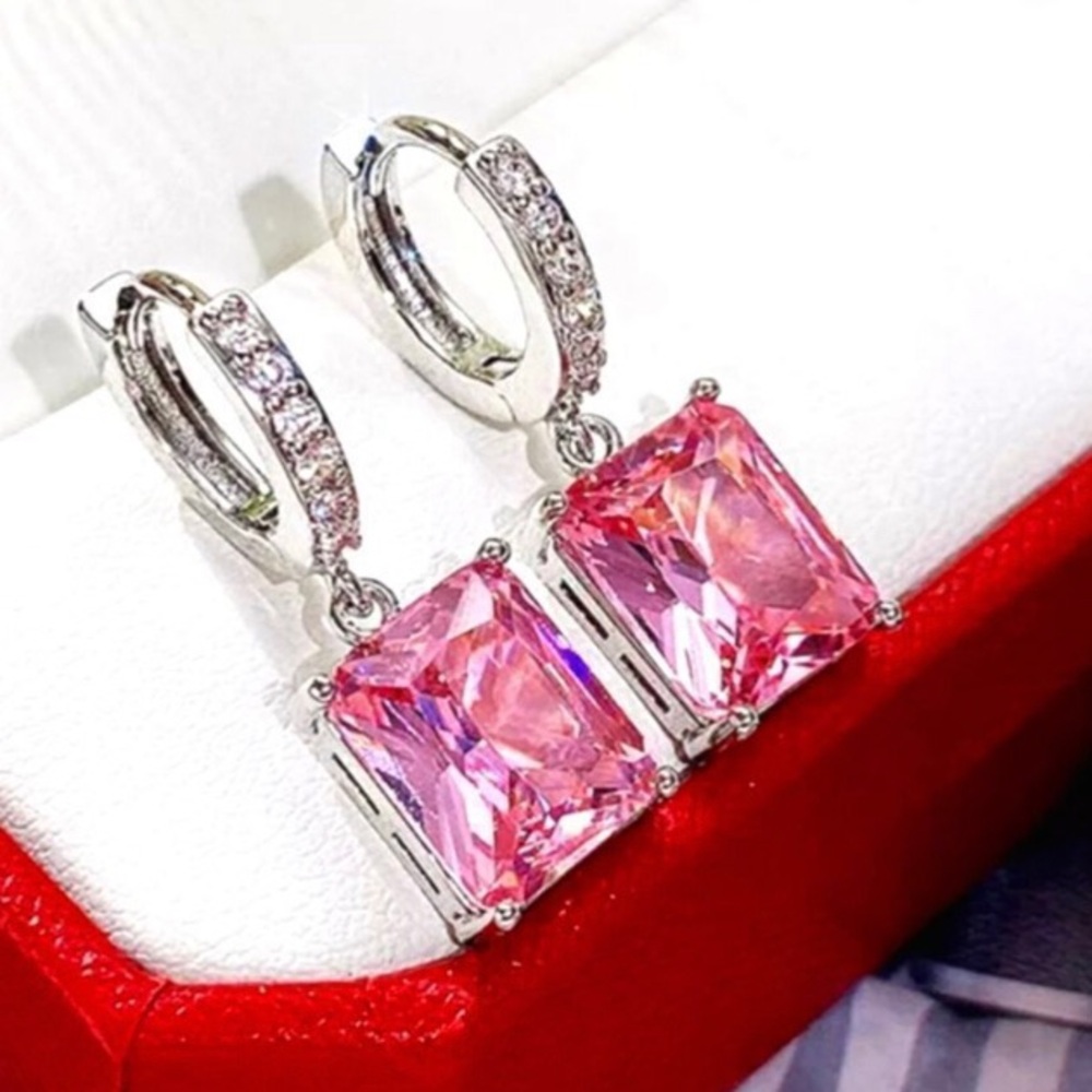 Pink Diamond & Clear White Baguette Hoop Earrings on 925 Sterling Silver